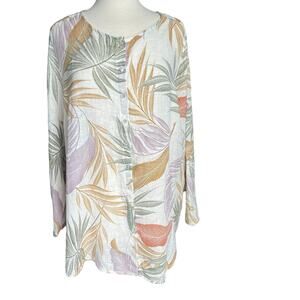 Tahari Linen Top Long Sleeves Button Tropical Vacation Beachy Womens Size 2X